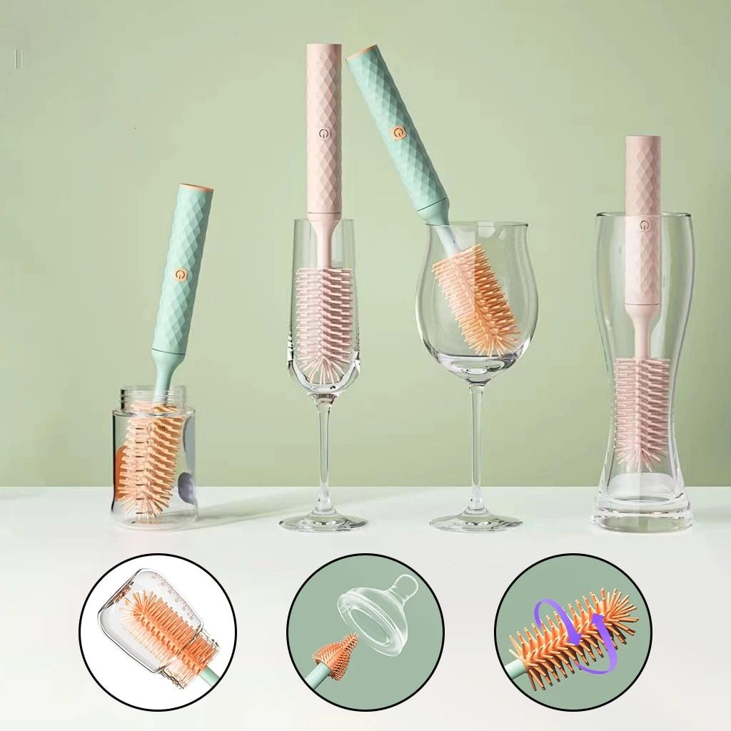 3Pcs Cleaning Brush Electric Bottle Brush Waterproof 360 Degree Rotating Long Handled Silicone Straw Pacifier Cleaning Brush Bay