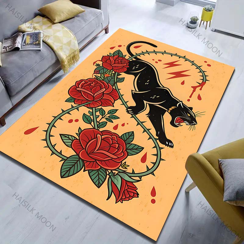 Black Panther and the Thorny Rose Print Carpet for Bedroom Living Room Bedside Sofa Floor Mat Modern Home Decor Area Rug