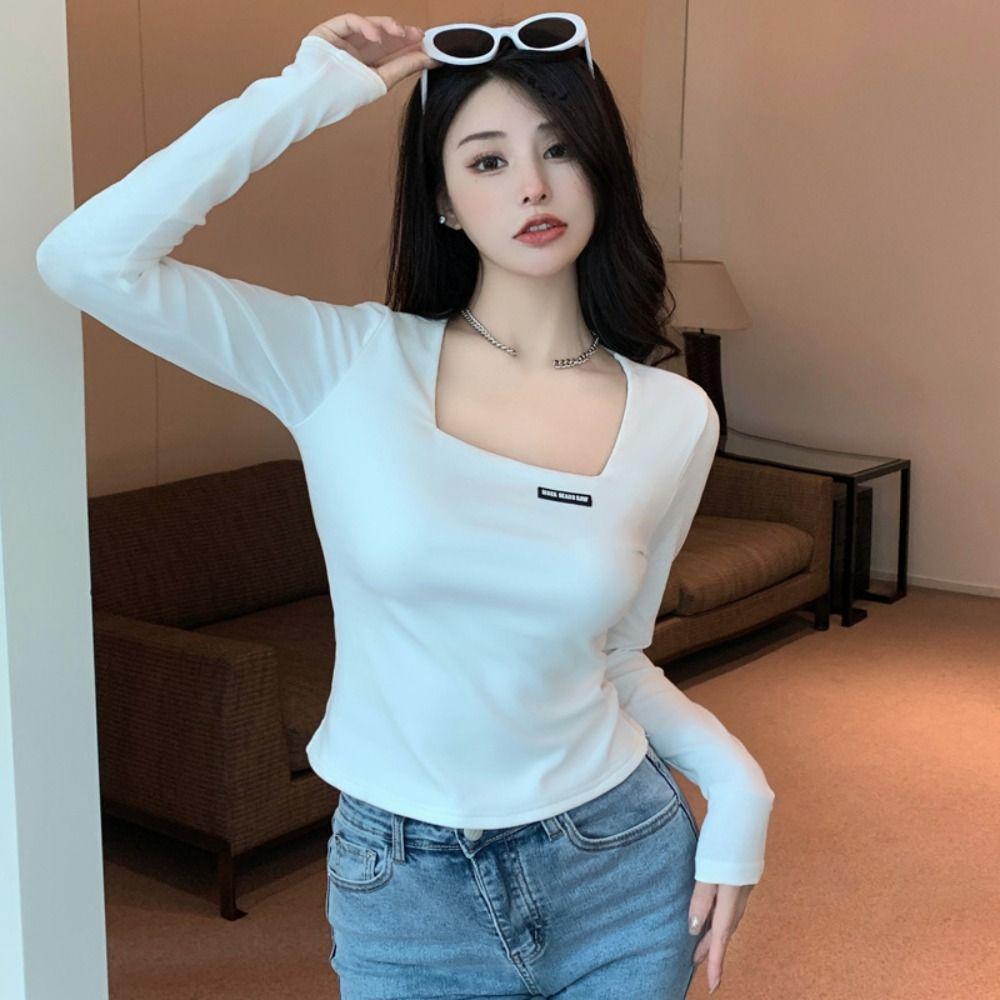 

Square Neck Hoodless Sweatshirt Solid Slim Crop Tops Stylish Long Sleeve Shirt Autumn L белый