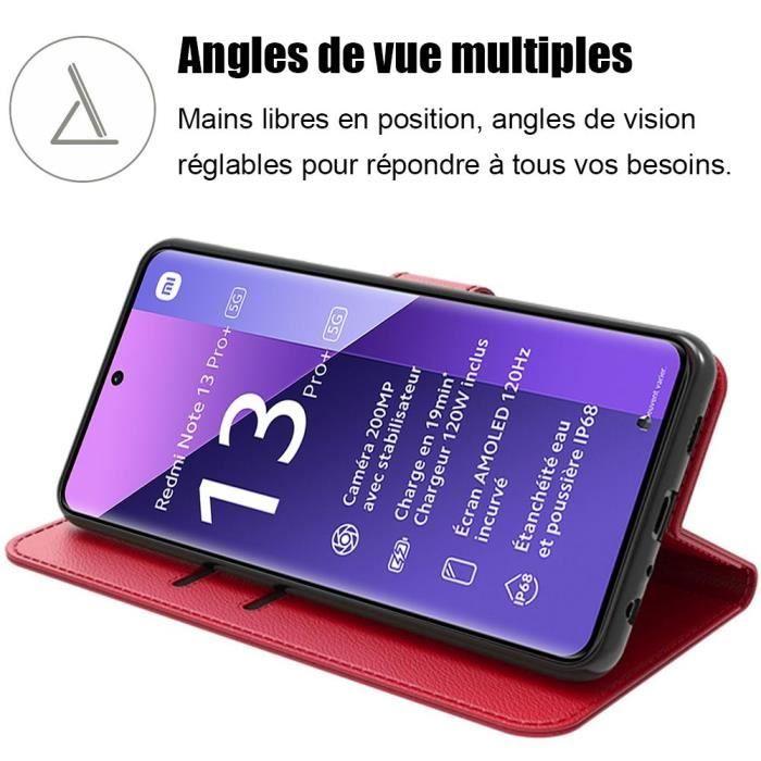 Coque - E.F.CONNECTION - Pour Xiaomi Redmi Note 13 Pro+ 5G - Antichoc Simili Cuir - 2 Verres Trempés - Rouge