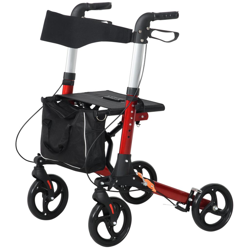 Folding Rollator Walker with Seat and Backrest, Lightweight Walking Frame with Detachable Storage Bag, Dual Brakes, Adjustable Handle Height