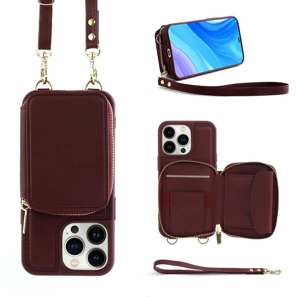 Crossbody Long Strap Leather Phone Case For iPhone 15 Pro Max 14 Plus 13 12 11 Pro Zipper Wallet Card Bag Cover with Lanyard