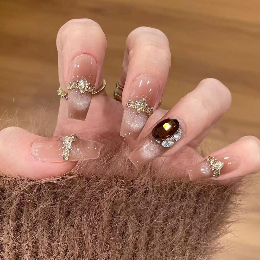 

French Cat Eye Luxury Press-On Nails: Handmade, Removable, Whitening Nail Tips M size 10 pieces [Long]