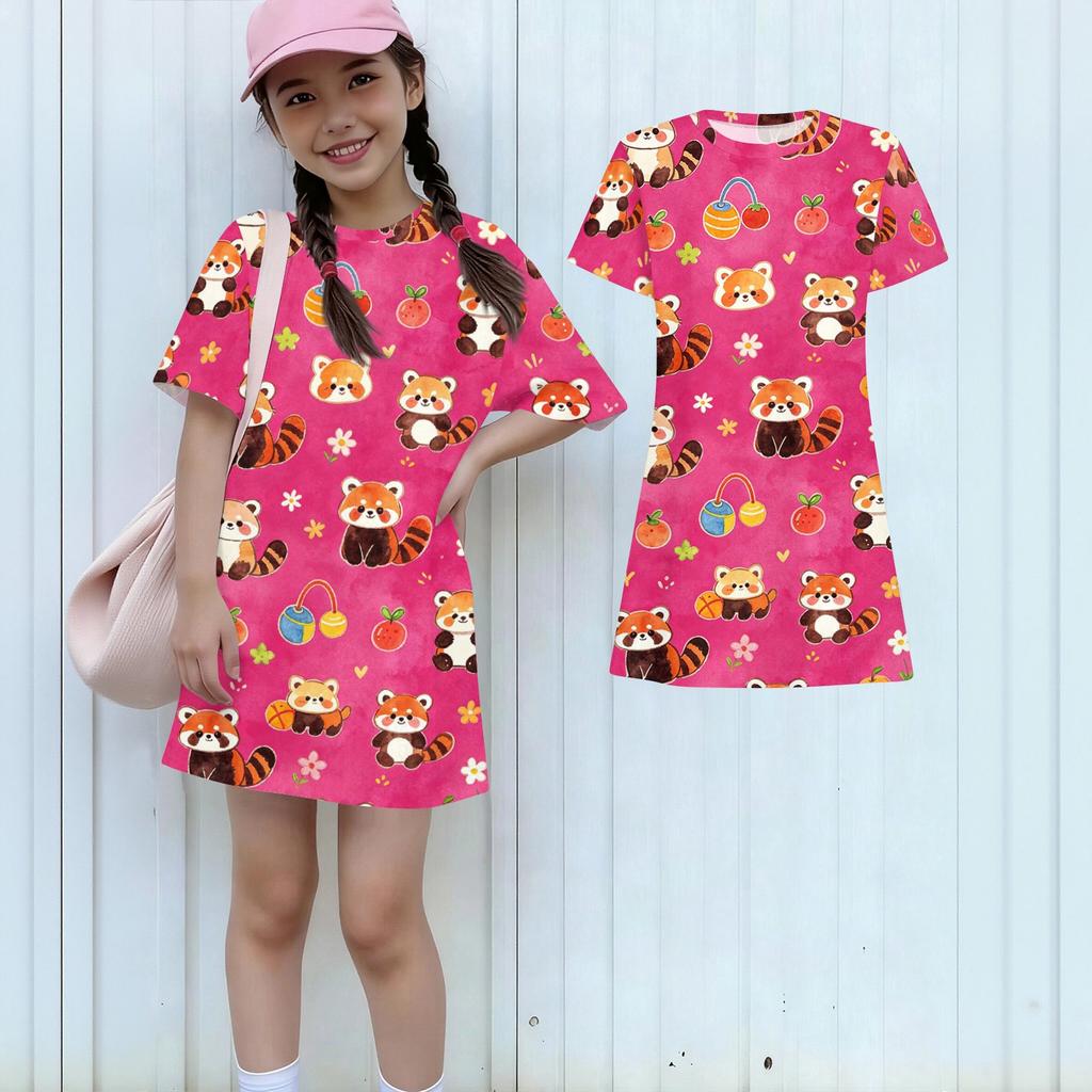 Girls Loose Fit Short Sleeve Dress Animal Print Lightweight Casual Round Neck Summer Dress for Kids