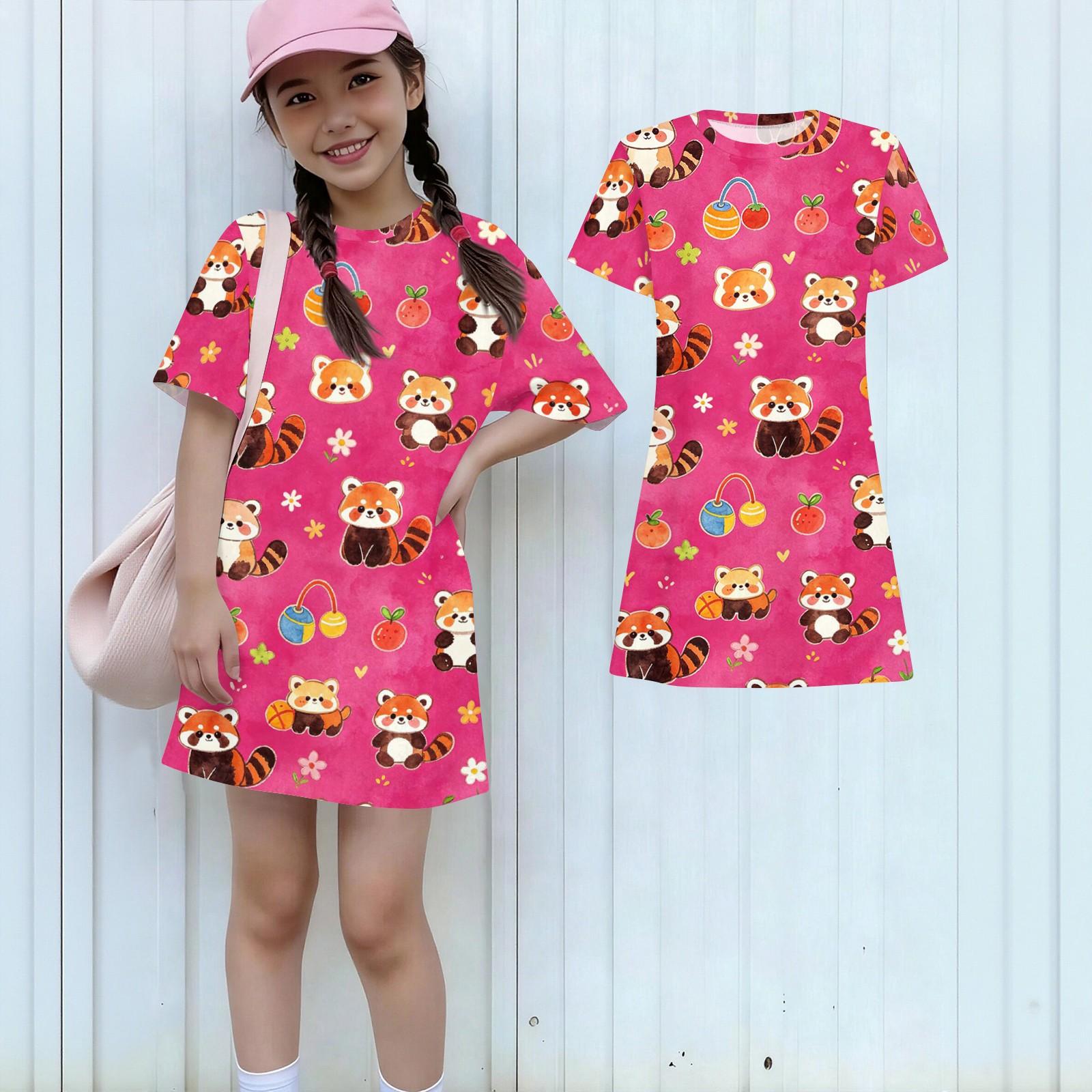 

Girls Loose Fit Short Sleeve Dress Animal Print Lightweight Casual Round Neck Summer Dress for Kids 150 розовый