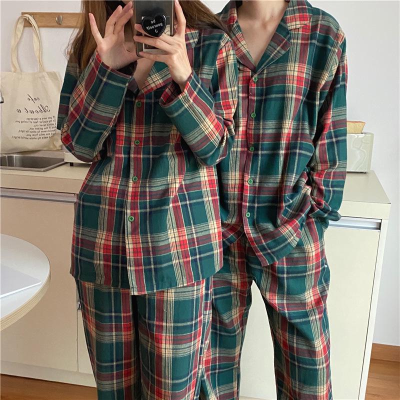 Herbst Neu Koreanisch Weihnachten Karomuster Paar Pyjama Set - Locker Langarm Hauskleidung