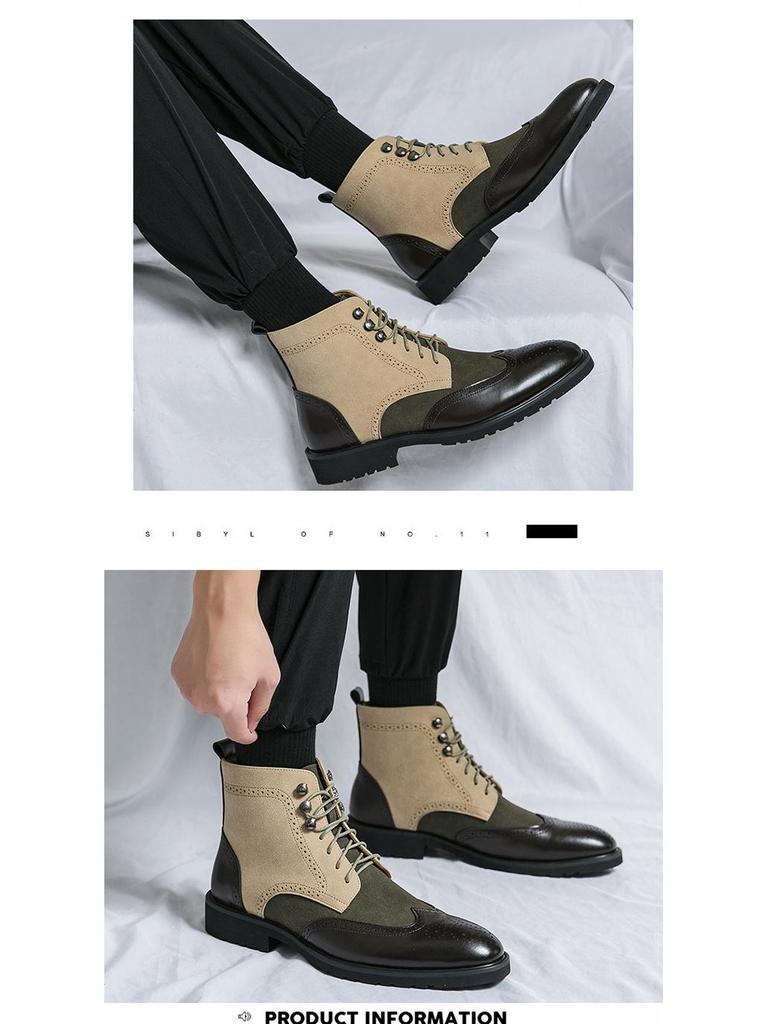 Men's Retro Green Leather High-Top Martin Boots with Pointed Toe