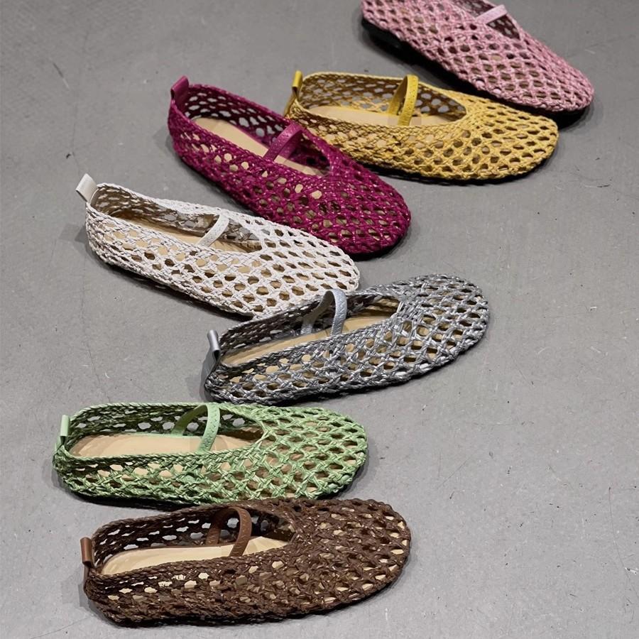 Sheepskin version~ round head hollow woven retro flat shoes women's sandals one-word fishing net shoes breathable shallow mouth single shoes