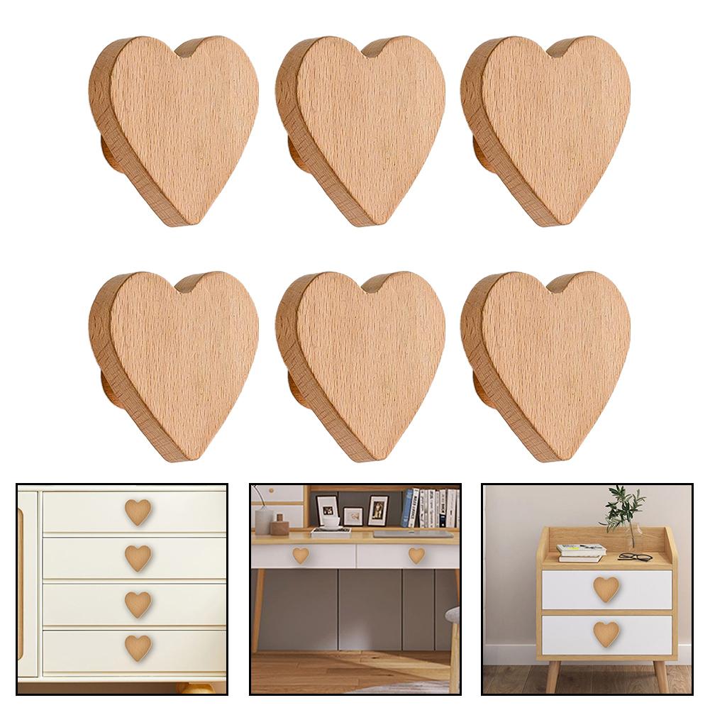 6 Pack Furniture Handles Cabinet Heart Shaped Wooden Handles Drawer Handles Solid Wood Cute Children\'s Room Handle Cabinet Door