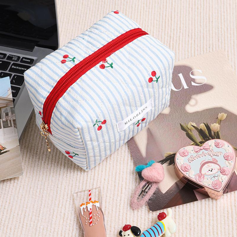Plaid Bow Makeup Bag, Quilted Cherry Cosmetic Pouch, Student Lightweight Storage, Portable And Multifunctional
