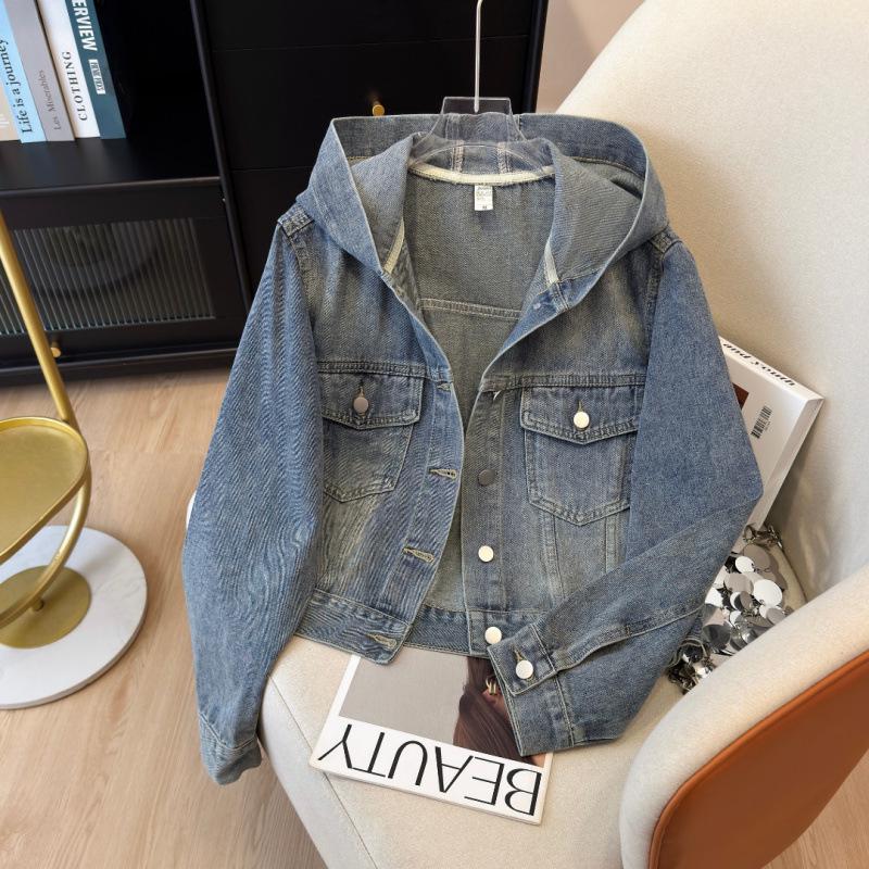 

Women s Denim Jacket: High-End Structural Design, Short, Long Sleeve, Baseball Hoodie Style M синій