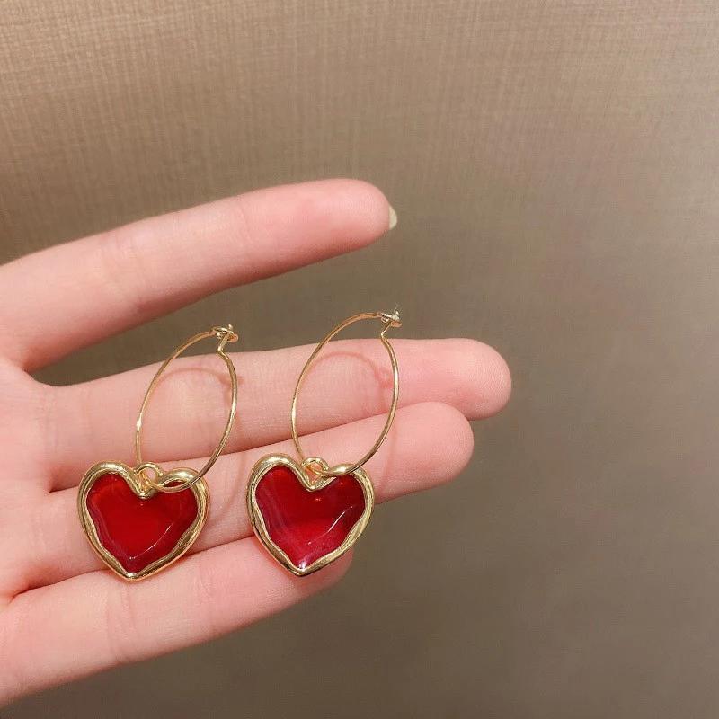 LATS Nouveau Design Boucles d'Oreilles Pendantes Coeur d'Amour Rouge pour Femmes Couleur Or Cercle Vintage Pêche Goutte Boucle d'Oreille Peut Être Séparée Zircon