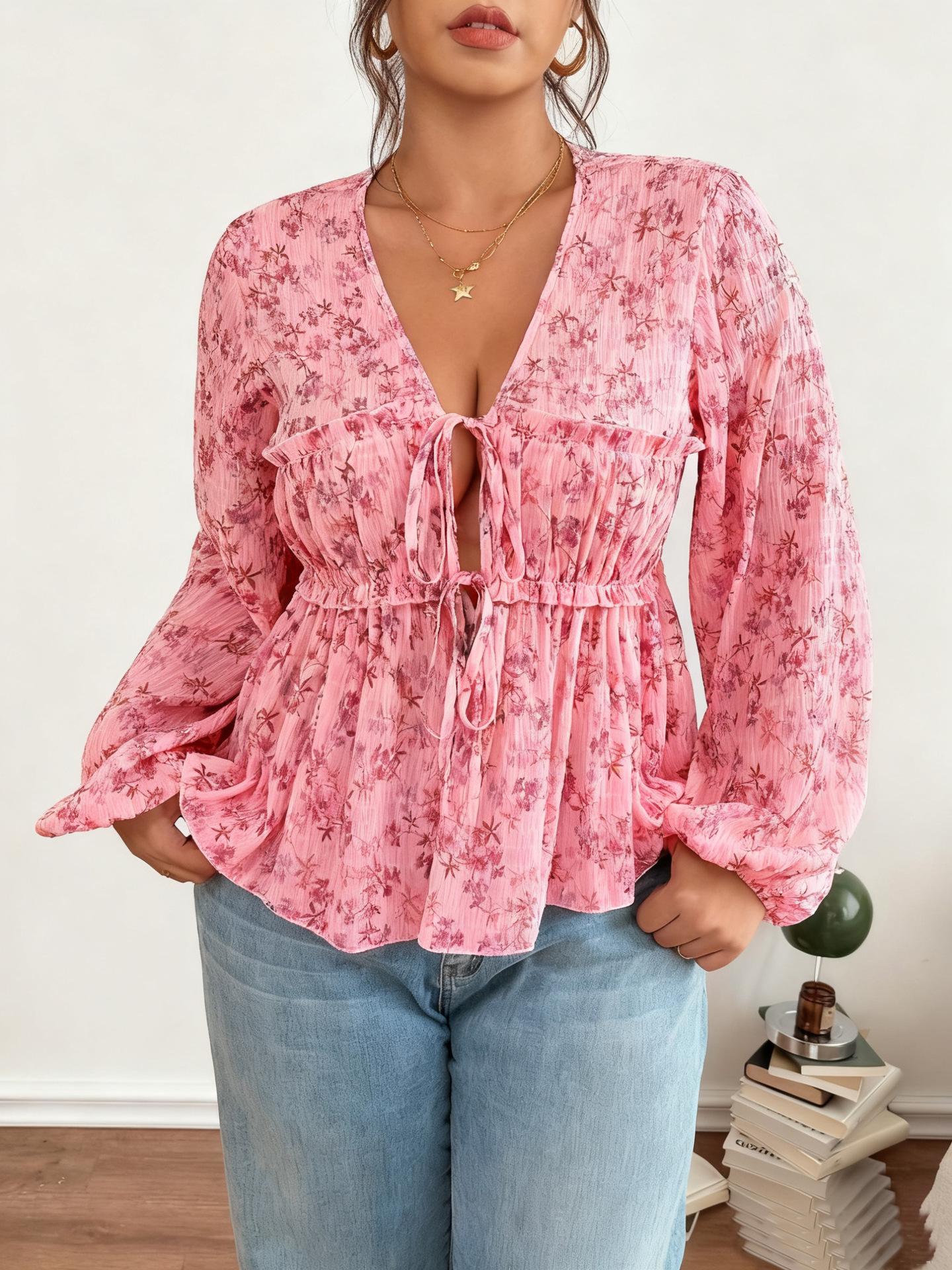 

Bohemian Floral A-line Skirt Top with V-neck and Shirred Waist (2025) Large рожевий