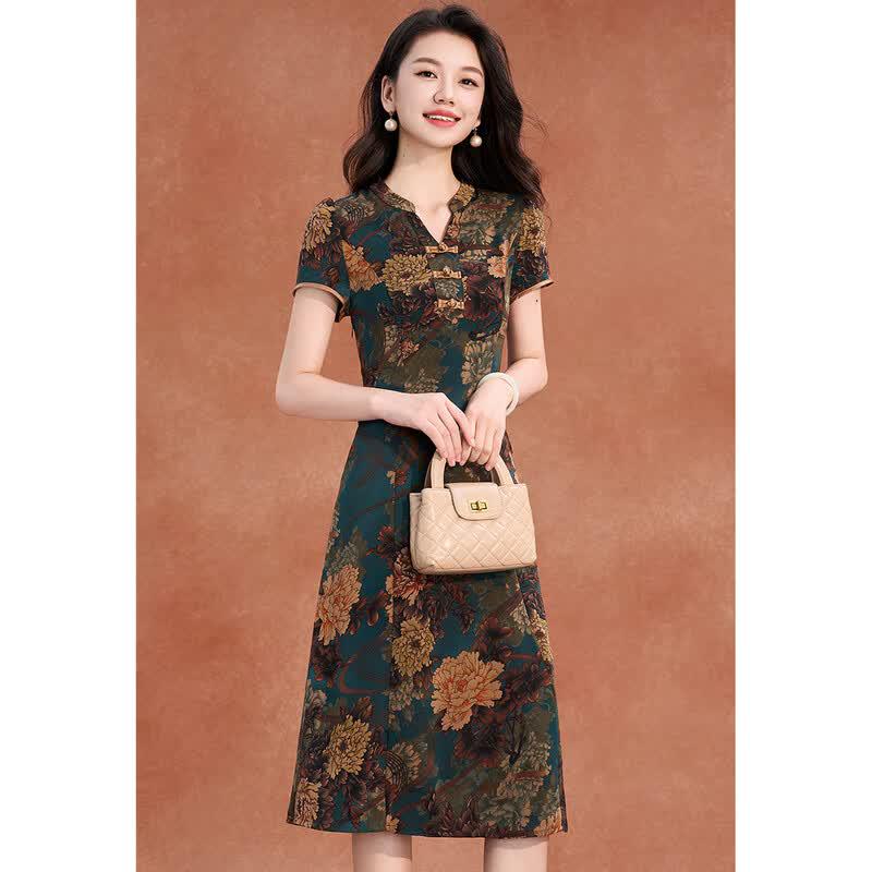 Women's Floral Print V-Neck A-Line Cheongsam Dress