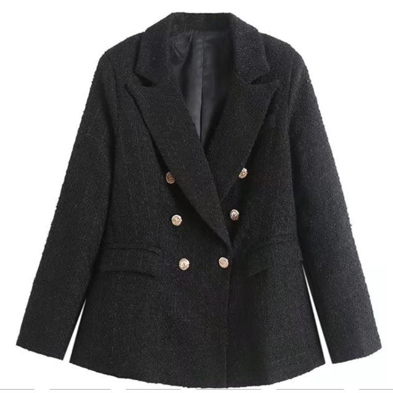 

Модный стиль Уличная осенне-зимняя мода Элегантная новинка Женский двубортный блейзер средней длины Пальто-костюм с воротником Мода Black S