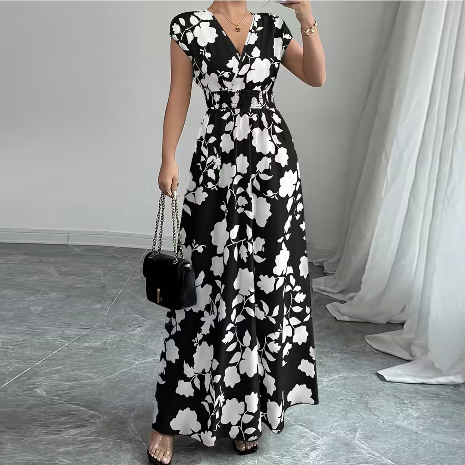 Women s Summer Fashionable Floral Print V-neck Long Dress, Summer Waist Cinching Dress L чёрный