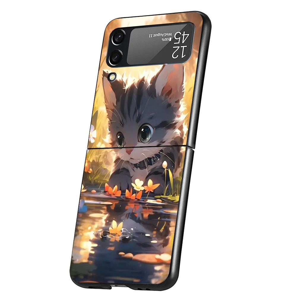 Cartoon Cute Cat Fish Aesthetic Cover Phone Case For Samsung Galaxy Z Flip 7 6 5 4 3 5G Flip7 Flip6 Flip5 Flip4 Flip3 Black Fund
