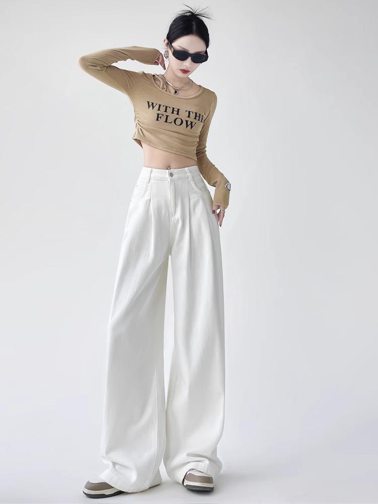 

Женские белые джинсы с высокой посадкой и широкими штанинами - Весна/Лето 2025 Мятые, Свободные, Стройнящие, Брюки в пол Double Extra Large