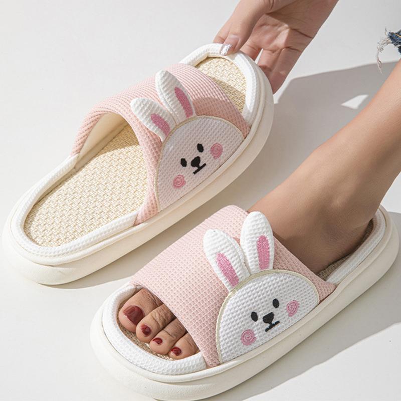 Fashion Cute Cartoon Rabbit House Slippers Women Spring Autumn Soft Anti Slip Linen Slippers for Woman Mix Color Platform Slides Mujer