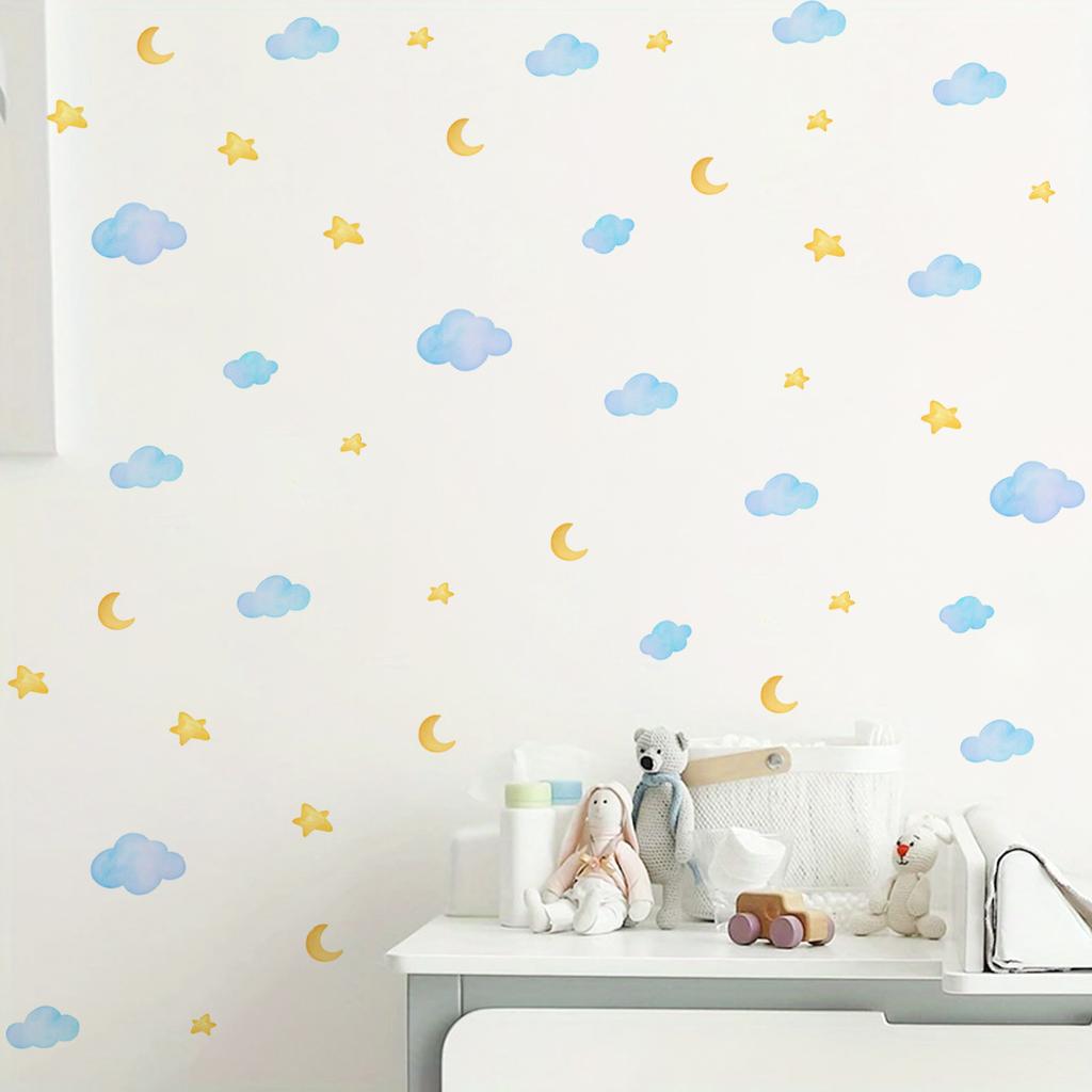 Stickers Muraux Nuage, Étoile et Lune de Dessin Animé pour Décoration Murale de Chambre d'Enfant