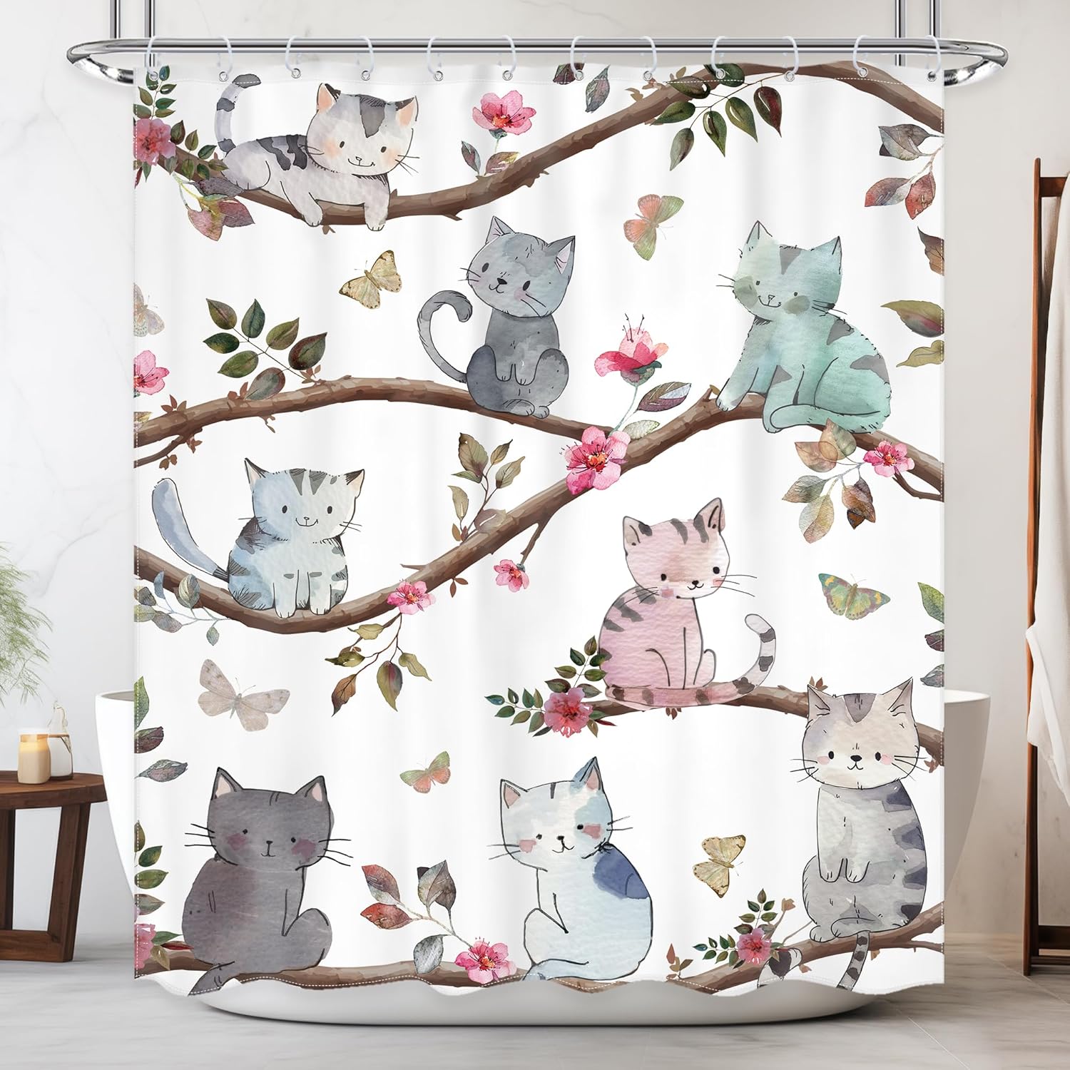 

Funny Cats Shower Curtain Kids Cartoon Cute Kitten Kawaii Animal Black And White Lovely Pet Nursery Bathroom Set Hilarious W60H190(CM)-1 Pcs