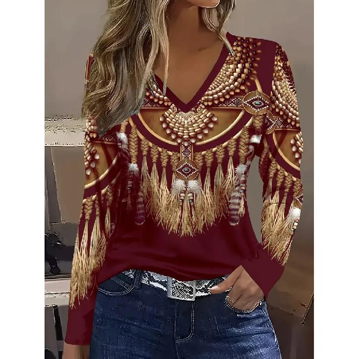 Women's Spring and Autumn Loose Fit Versatile Long Sleeve Mesh Breathable V-Neck T-Shirt Classic Retro Tribal Element 3D Print