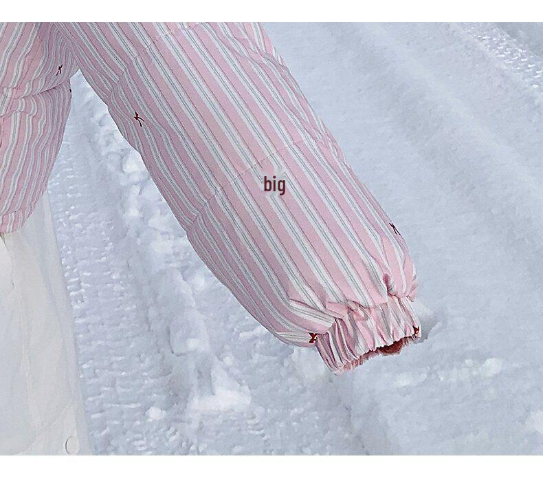 Koreanischer Stil Pelzkragen Gestreifte Kapuzen Baumwolljacke mit Schleife - Kurz, Dick und Warm für den Winter