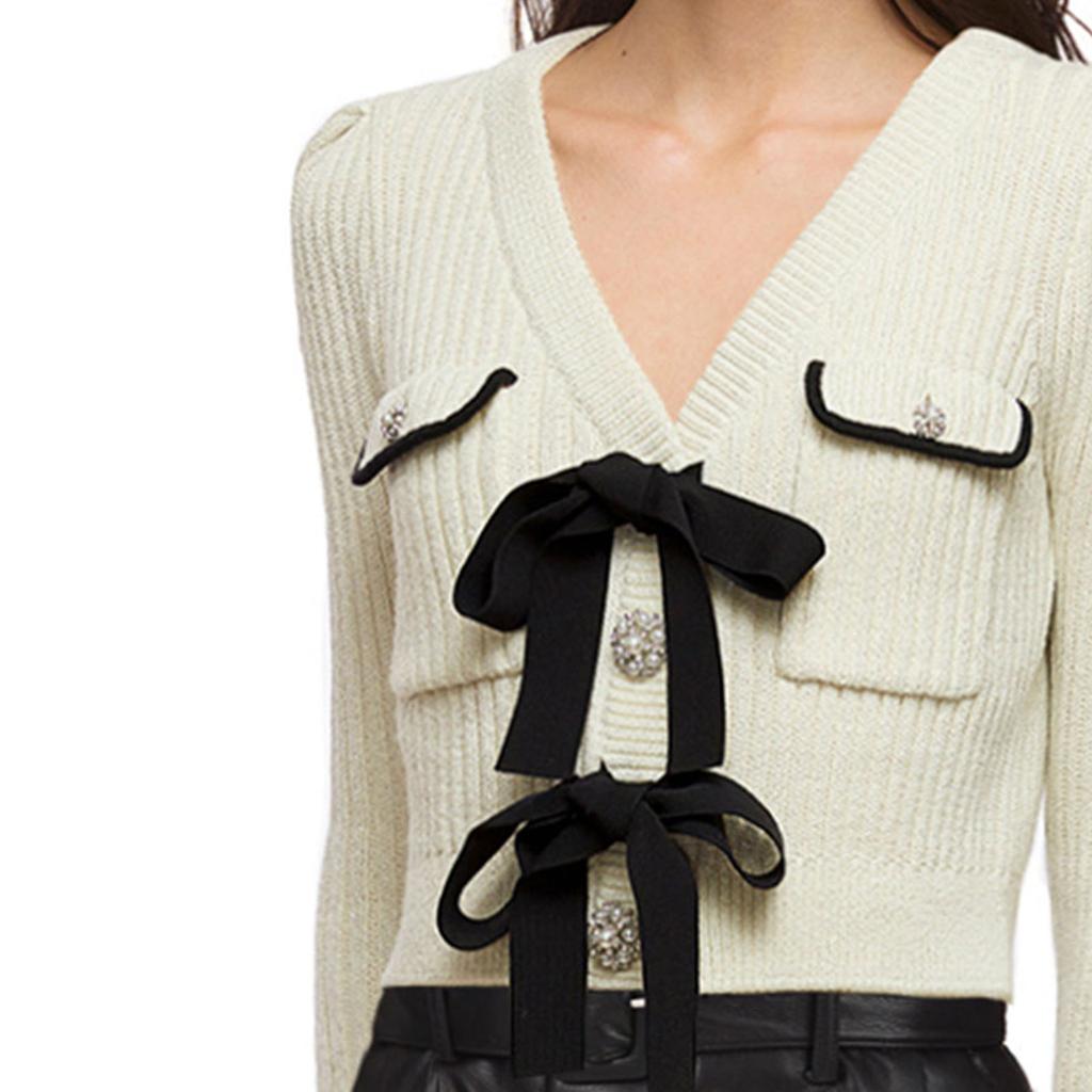 Self-Portrait Color-Block Bow V-Neck Long Sleeve Slim Fit Short Versatile Cardigan Sweater College Style Autumn Winter Layering Knit Top SWF325M01800