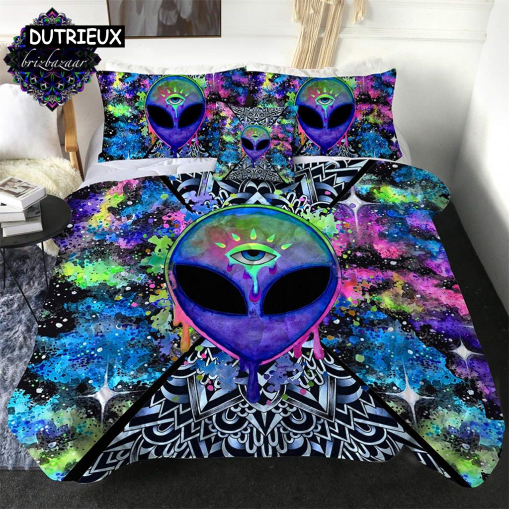 Colorful Alien Duvet Cover Fantasy Alien Skull Bedding Set Psychedelic Space Queen King Alien Gift Bedroom Decoration Men Boys