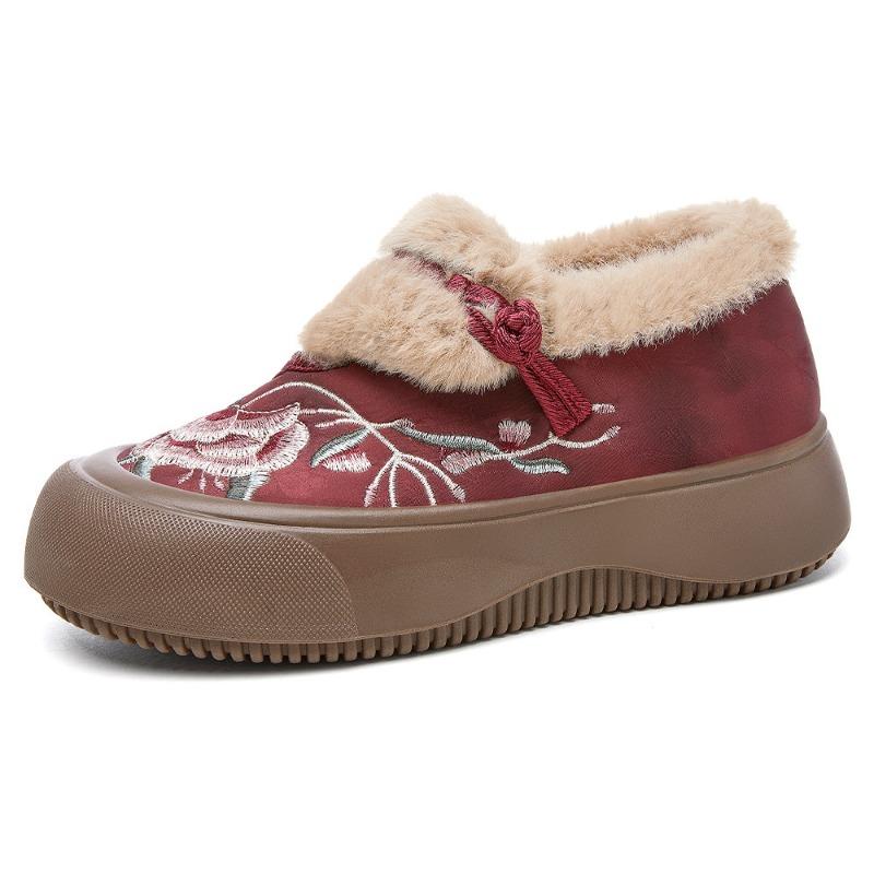Cotton Shoes Women's Winter Embroidered Fur Shoes Warm Snow Boots with Fleece Thickened Cotton Boots Thickened with Thick Soles and Heightened Boots