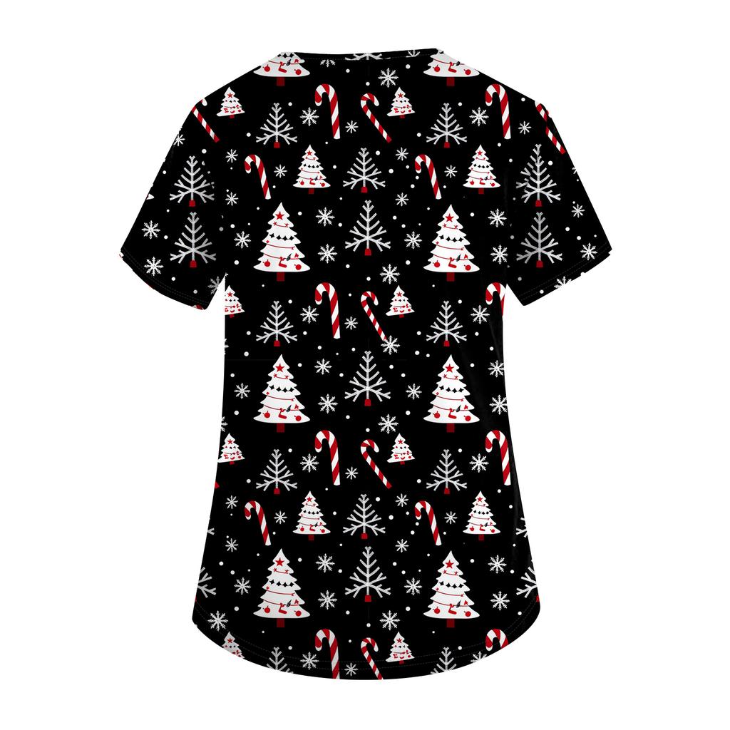 Women's Fashion Short Sleeve Christmas Print V-Neck Pocket Workwear Tops