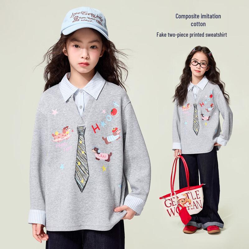 Girls Polo Collar Fake Two-Piece Cartoon Sweatshirt 140