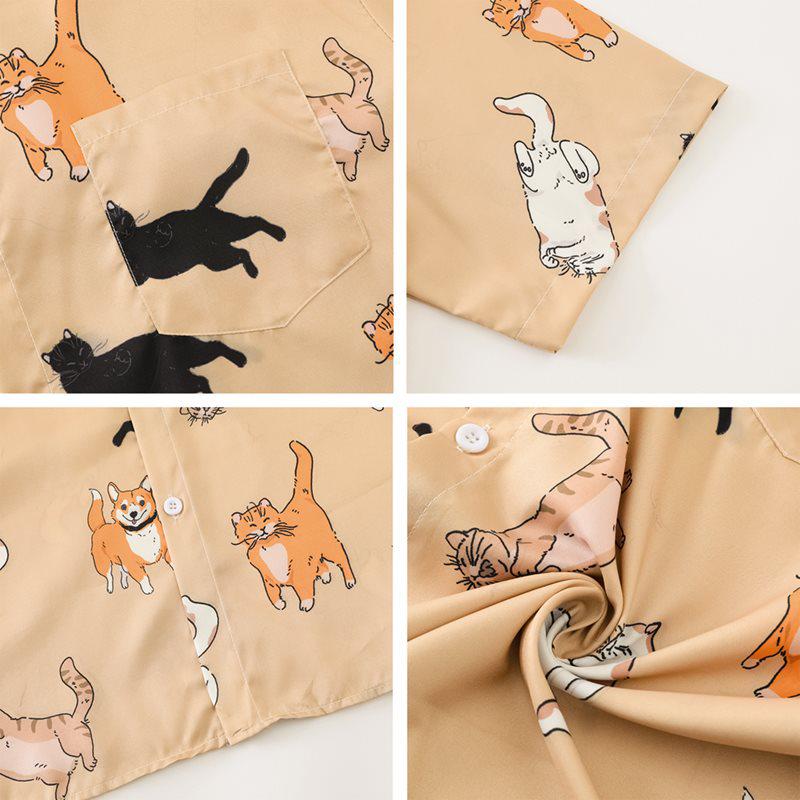 Dopamine Floral Cat Dog Shirt: Unisex Light Yellow Summer Top, Loose Fit, Cool American BF Style
