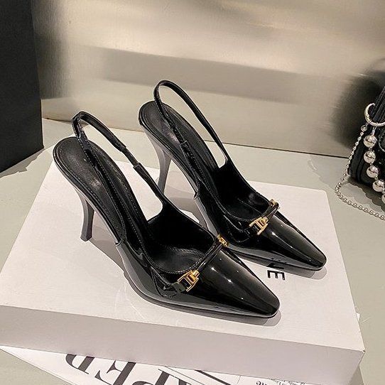 2025 autumn and winter new black patent leather sexy elastic back empty bag head sandals women's thin heel square head high heels