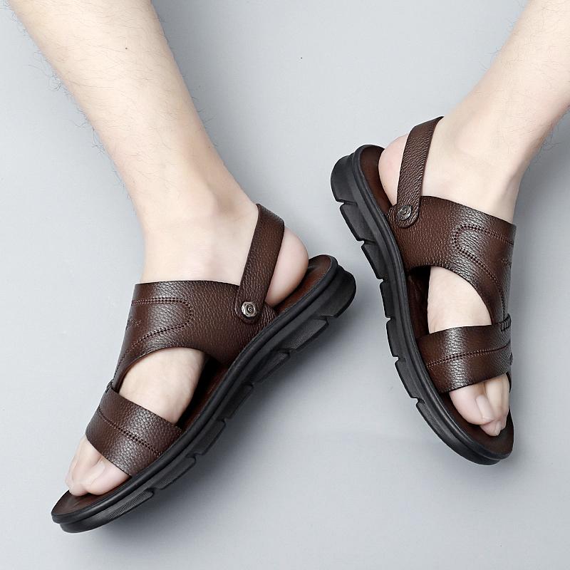 Fashion Luxury Brand Fashion Men Summer Retro Style Genuine Leather Sandals Non-slip Beach Slip-on Sandals Travel Dual-purpose Slippers