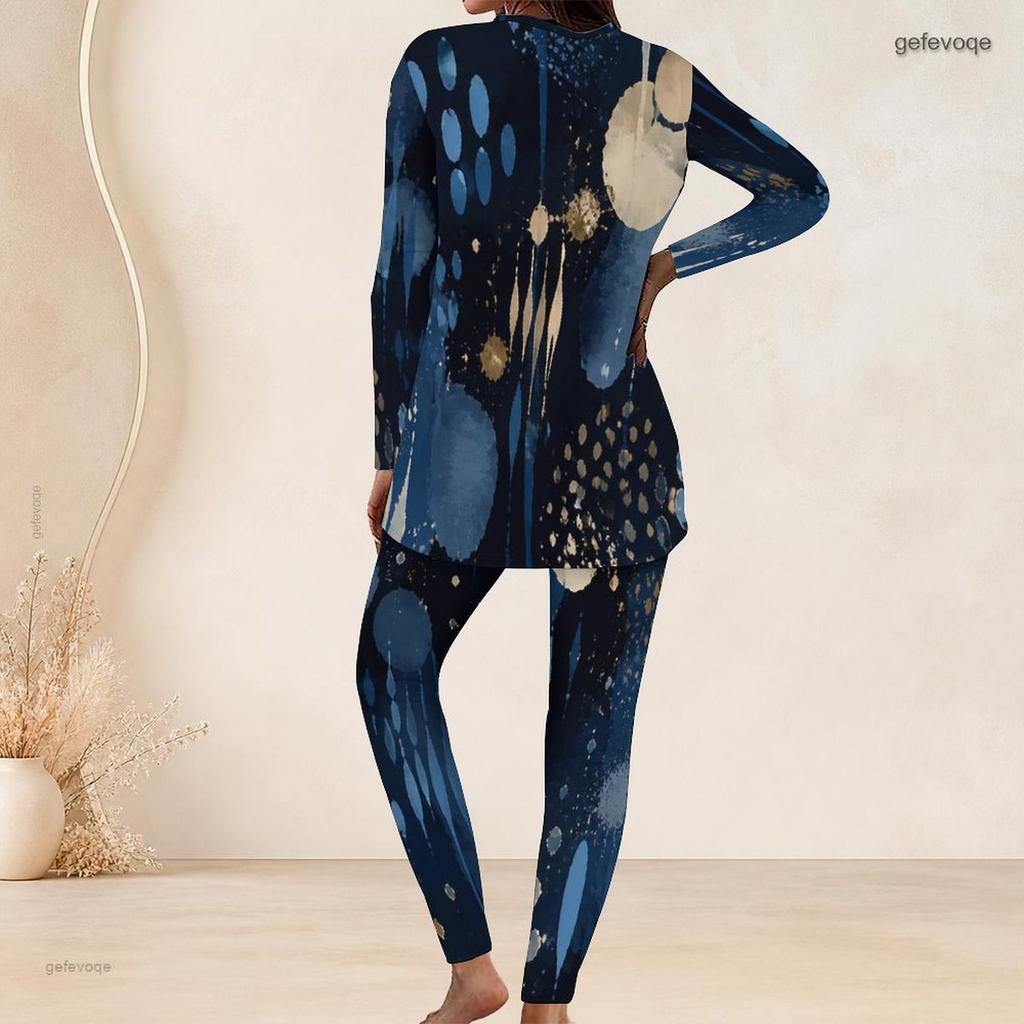 Women Plus Size Round Neck Long Sleeve Navy Blue Printed Longline Top Fitted Pants Set