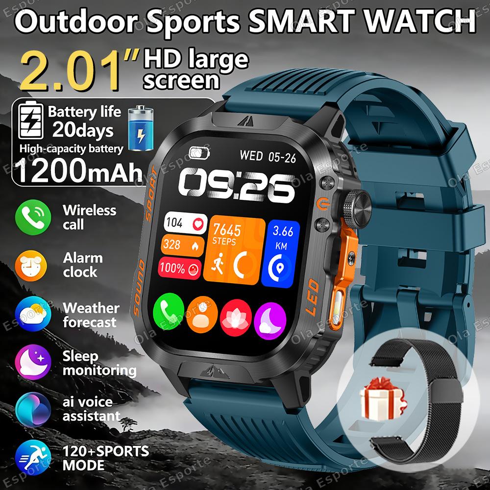 1200mAh Military Outdoor Smartwatch Men LED Flashlight Waterproof GPS Track Sports Watch 2.01-inch BT Call Smart Watch HT30
