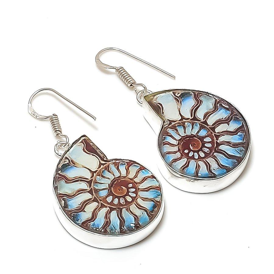 Natural Blue Titanium Ammonite 925 Sterling Silver Jewelry Earring 1.81  AE-11906