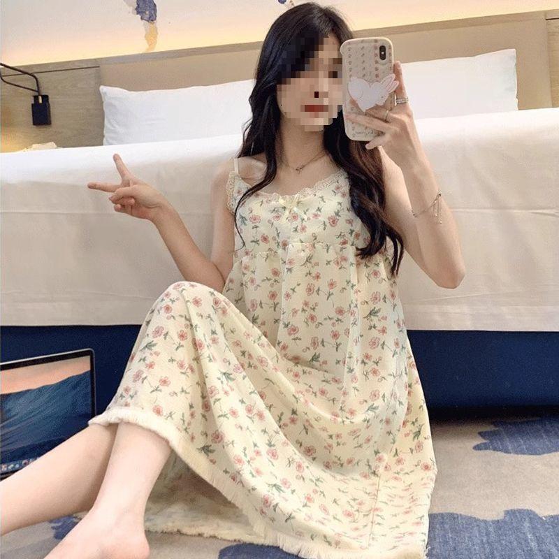 Women's Apricot Lace-Trimmed Camisole Nightgown - Padded Bust, Casual Summer Home Wear Skirt Pajamas