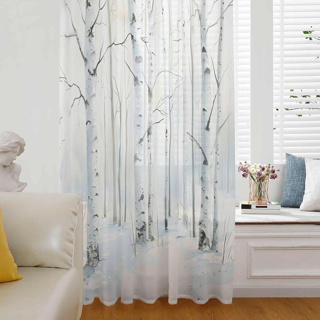 White Birch Semi Sheer Curtains Drapes for Living Room,Bedroom,French Doors Window 84 Inches Long,Watercolor Winter Snow Scenery Trees Forest Rod