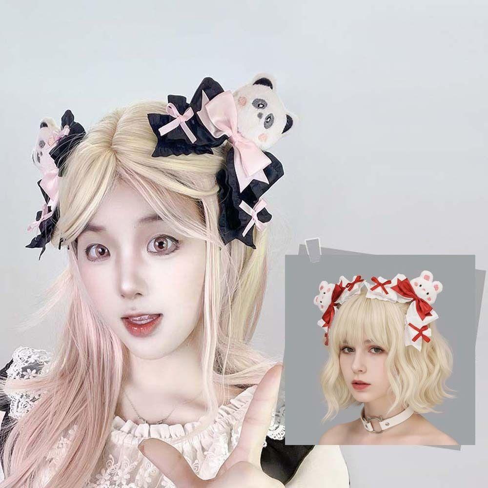 1 Pair Y2K Lolita Hair Clips Cartoon Animal Gothic Style Satin Bow Hairpins Japanese Style Plush Lolita Girls Barrettes Cosplay