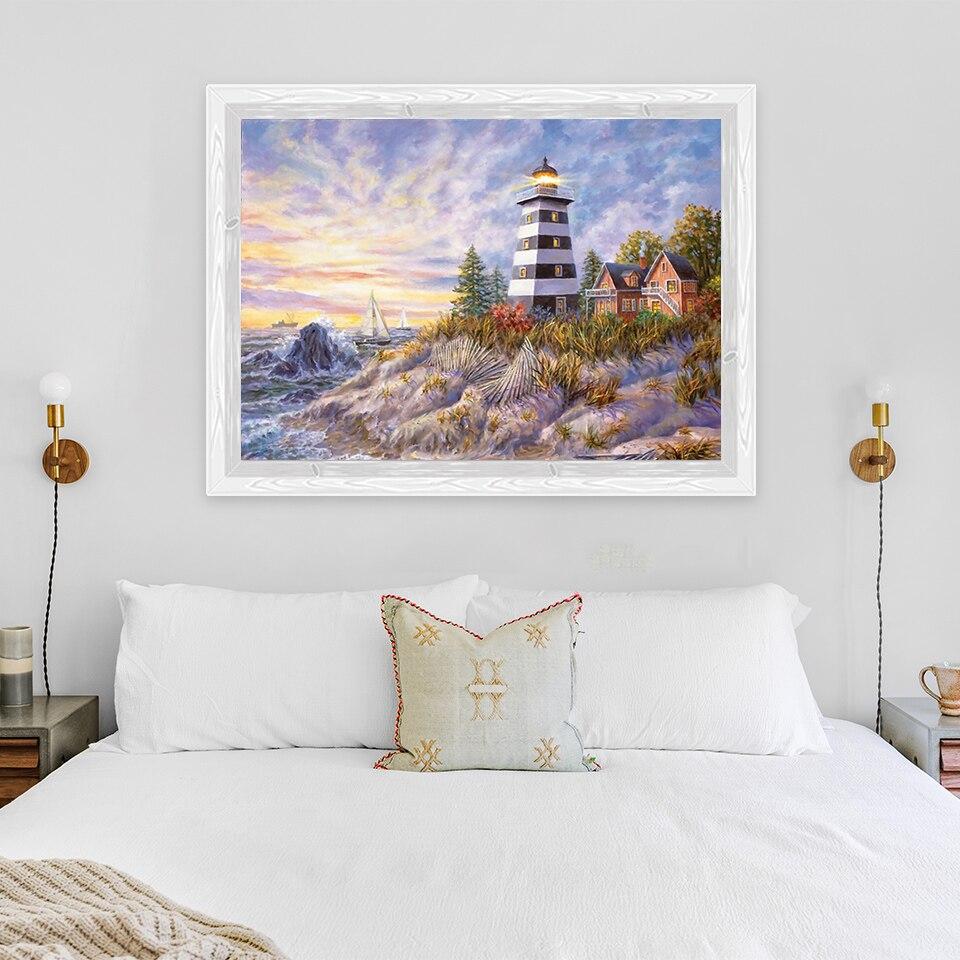 New 5D DIY Diamond Painting Lighthouse Diamond Embroidery Scenery Rhinestones Full Round Drill Craft Home Decor Art Gift