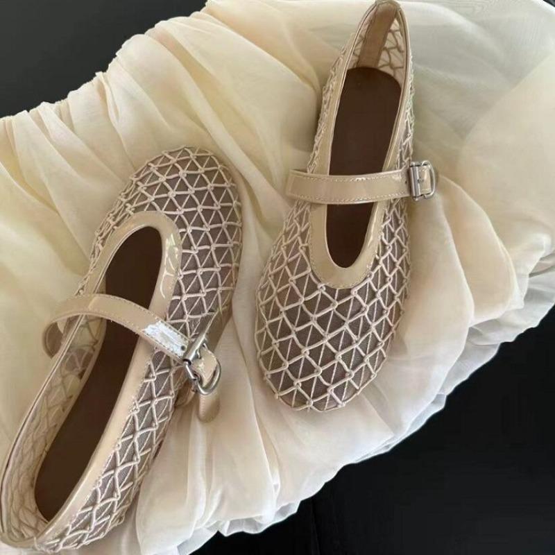 Sheepskin version~ mesh hollowed sandals breathable shallow mouth flat Mary Jane shoes women's single shoes summer fishing net shoes