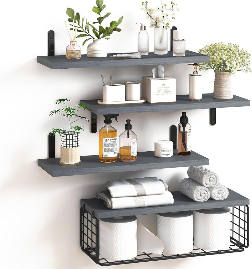 Natural Wood Bathroom Floating Shelves Bathroom Wall Mounted Towel Rack Toilet Paper Holder Home Accessories Garden Set of 4
