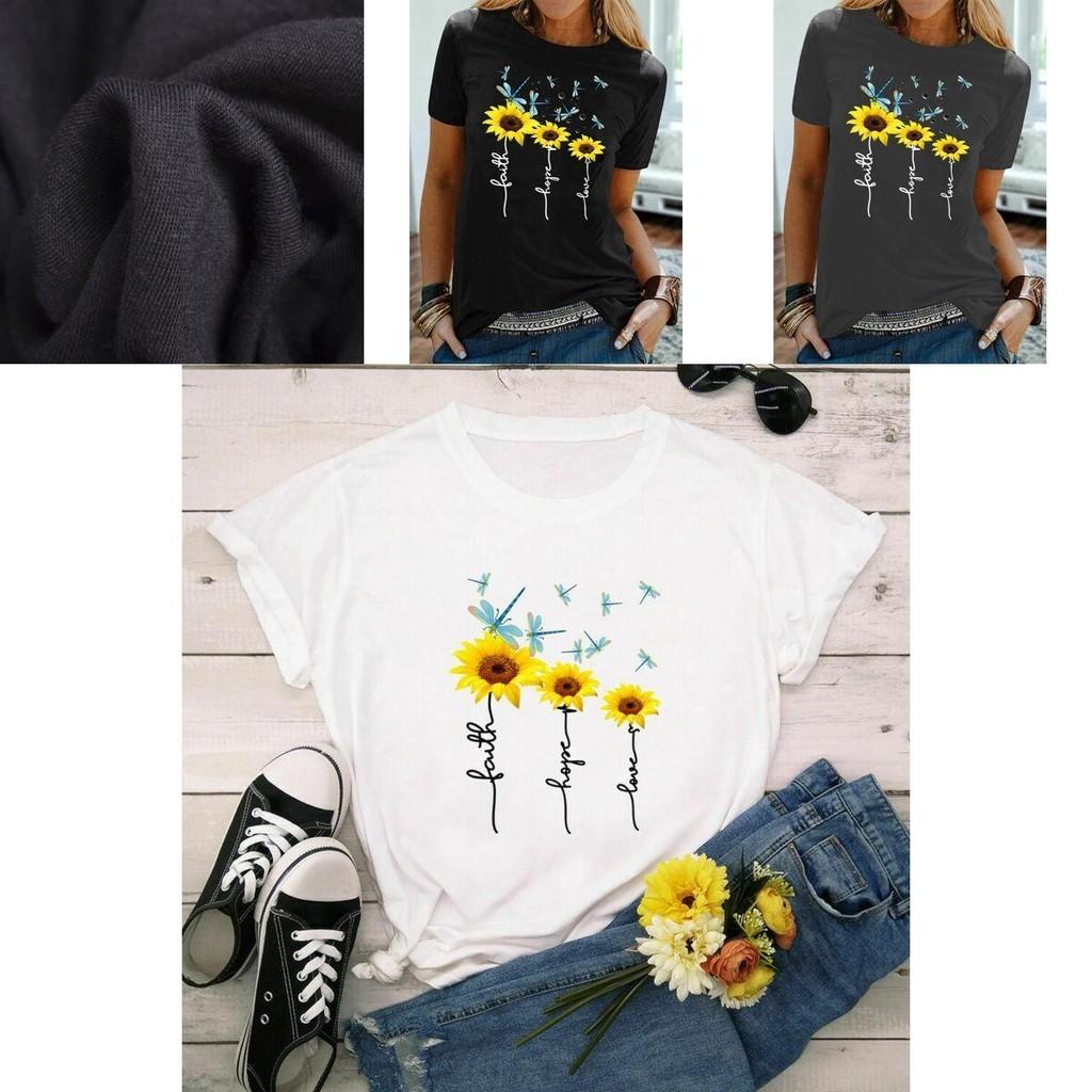 Stylish Women Floral Daisy Printed Basic T-shirt Versatile Short Sleeve Blouse For Casual Wear