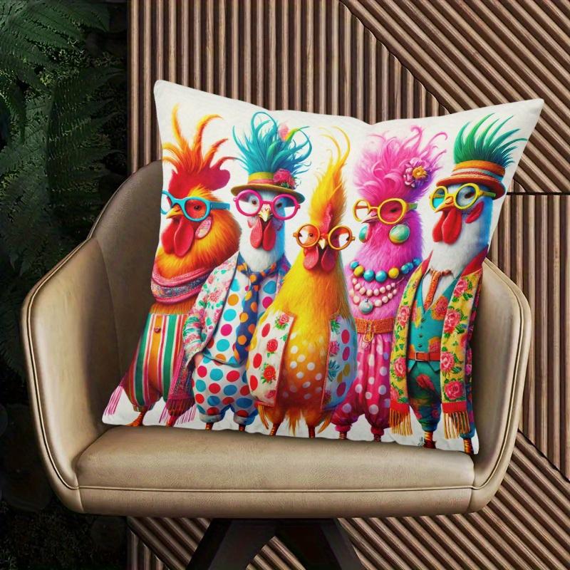 2D flat-Funky Fashion Rooster Throw Pillow Cover,Vibrant Anthropomorphic Chicken Decorative Pillow Case
