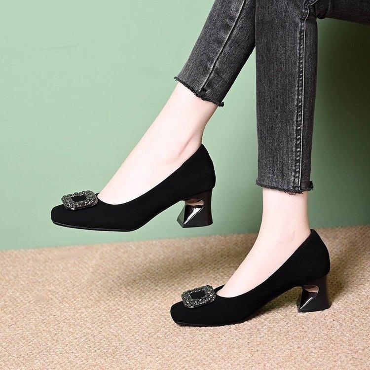 Square head shallow mouth single shoes new autumn French thick heel rhinestone square buckle not tired feet black high heels