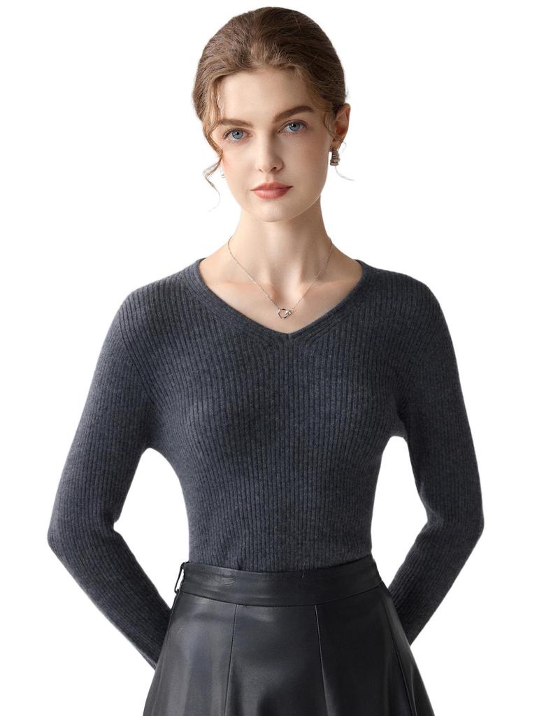 Damen Schlank geschnittener V-Ausschnitt 100% Kaschmir Pullover - Langarm, Einfarbig, Herbst/Winter Vielseitige Strickschicht