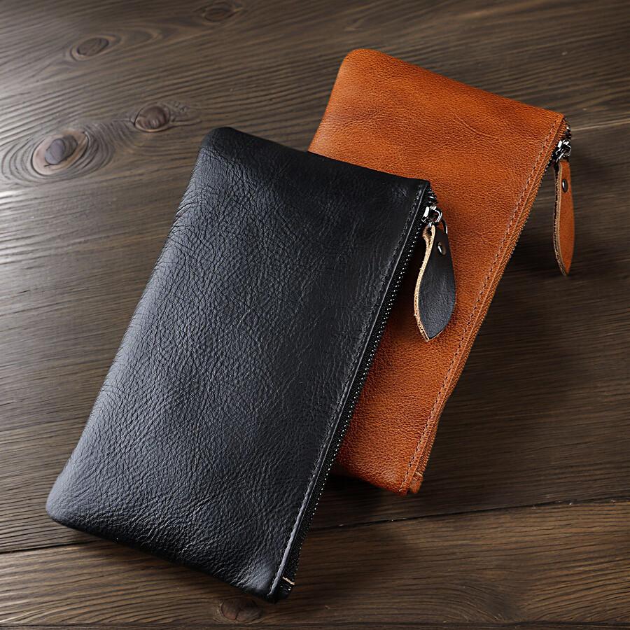 Ultra Thin Wallet Men's and Women's 6-inch Mobile Phone Bag Zipper Long Design Large Capacity Fashionable and Casual Top Layer Cowhide Clutch Bag