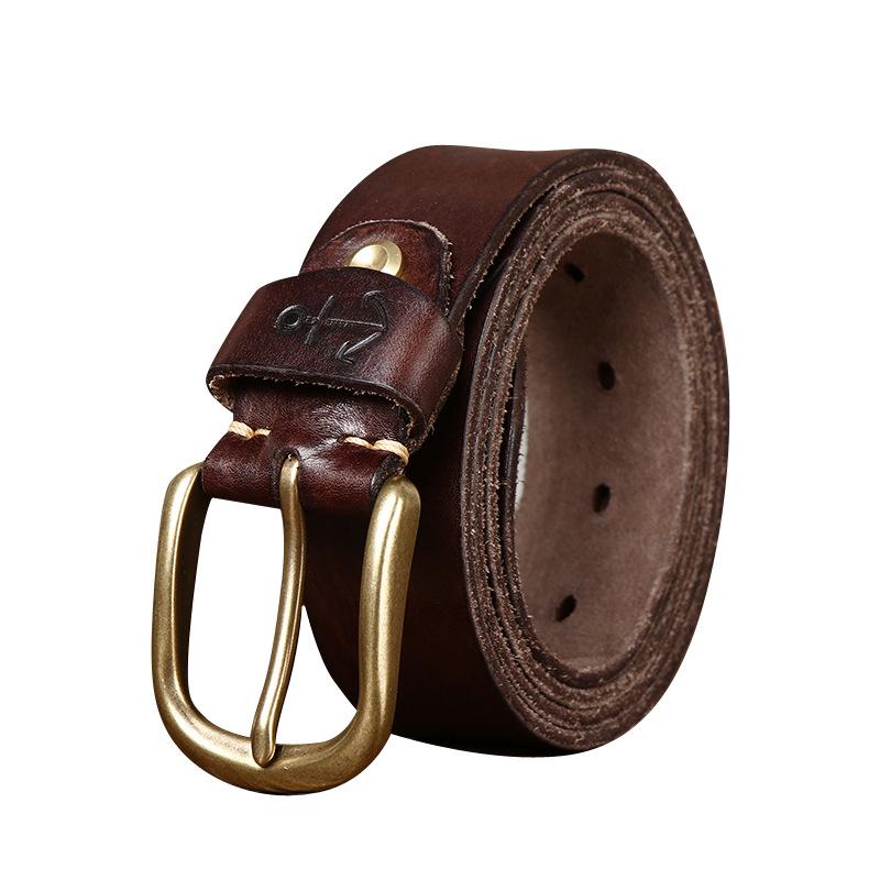 Hand-Carved Trendy Personalized Retro Belt Men'S Genuine Leather Pure Cowhide Casual Versatile Copper Buckle Jeans Belt